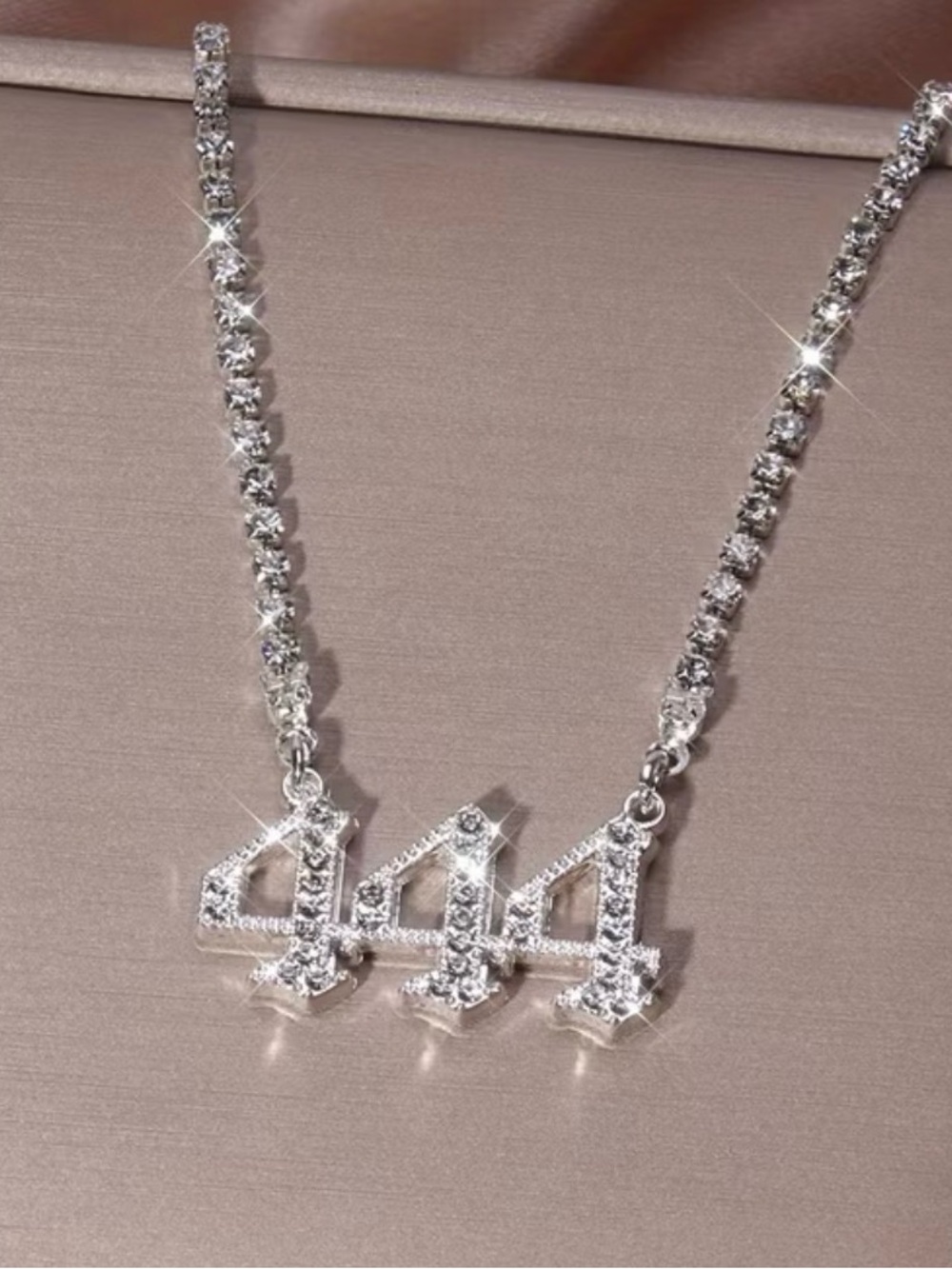 Crystal '444' Pendant Necklace in White Silver Tone